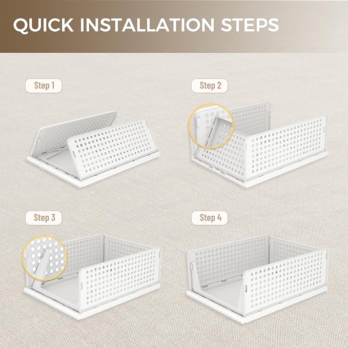 6 Pack Closet Organizer Storage Bins Stackable Plastic Drawer Shelf | Basket for Clothing Stackable Storage Bins Shelf Storage Container for Closet Wardrobe Bedroom Bathroom Office White Foldable