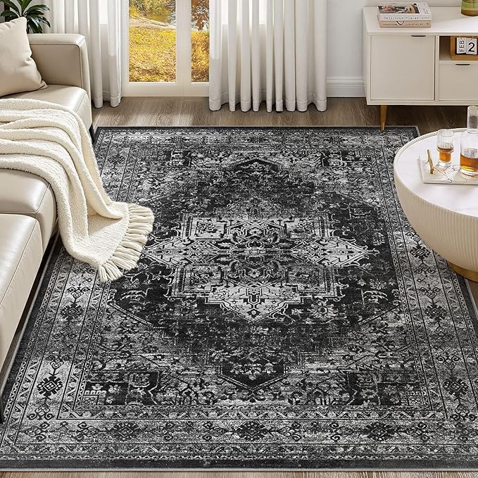 UERMEI 10x12 Area Rug Living Room Rugs - Washable Vintage Soft Large Rug Indoor Floor No Slip Rug Carpet for Bedroom Farmhouse Under Dining Table Home Office Decor - Black