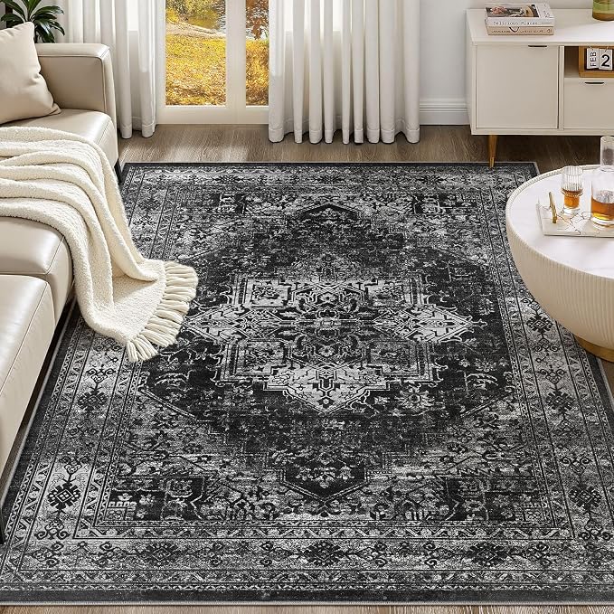 UERMEI 9x12 Area Rug Living Room Rugs - Washable Vintage Soft Large Rug Indoor Floor No Slip Rug Carpet for Bedroom Farmhouse Under Dining Table Home Office Decor - Black