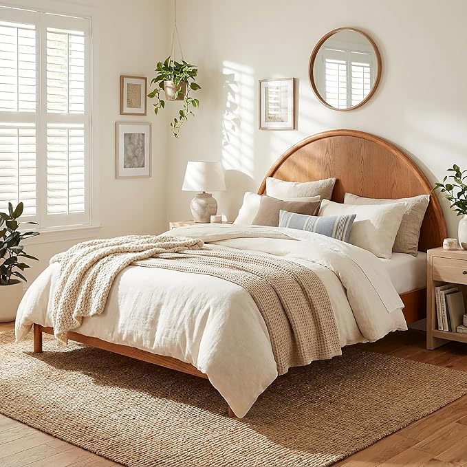 Christopher Knight Home Elsinore Queen Size Bed Frame with Arched Headboard, Modern Wooden Platform Bed, Wood Bed Support and Slats, No Box Spring Needed, Queen Size Beds for Adult, Light Brown