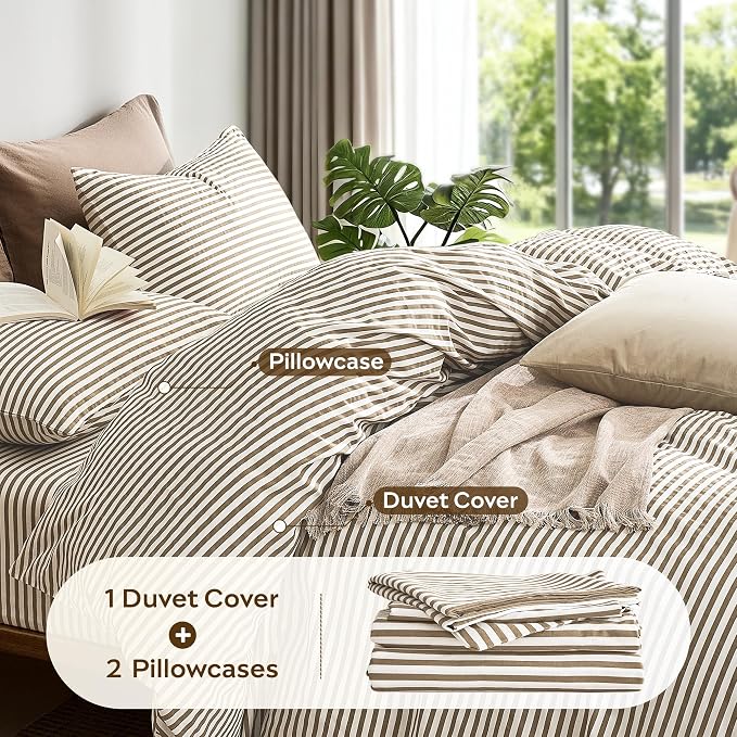 JELLYMONI 100% Cotton Classic Striped King Duvet Cover Set, Tan/White | Breathable Softness, Oeko-Tex Certified, Classic Stripes, 8 Corner Ties & Double Hidden Zipper
