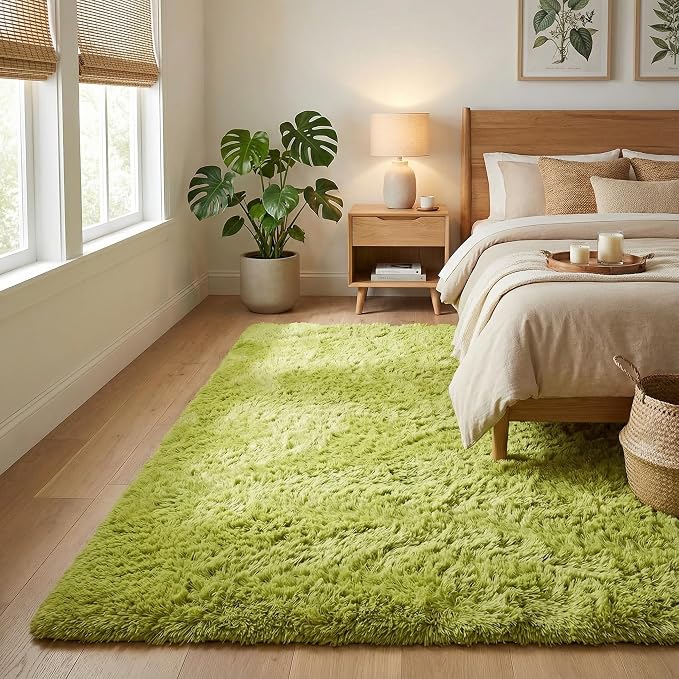 Soft Modern Indoor Large Shaggy Rug for Livingroom Bedroom Dorm Kids Room Home Decorative, Non-Slip Plush Fluffy Furry Fur Area Rugs Comfy Nursery Accent Floor Carpet 3x5 Feet, Green