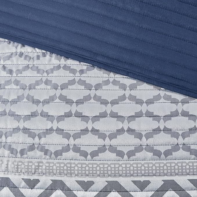 Madison Park Quilt Set Luxurious Jacquard Stripes Design - All Season, Coverlet Bedspread Lightweight Bedding Layer, Shams, Decorative Pillow, King/Cal King(104"x94"), Geometric Navy 4 Piece | All Season Bedding Set, Lightweight, Geometric, Machine Was...