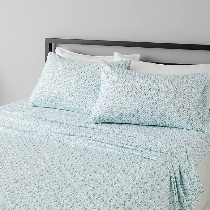 Amazon Basics Lightweight Super Soft Breathable Wrinkle-Free Microfiber 4-Piece Bed Sheet Set with 14" Deep Pockets, King, Aqua Fern, Printed