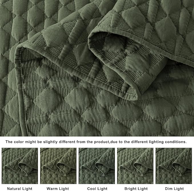 WDCOZY Olive Green Quilt King Size Bedding Set with 2 Pillow Shams, Lightweight Soft Bedspread Coverlet, Thin Comforter Bed Cover for All Season, 3 Pieces, 104x90 inches