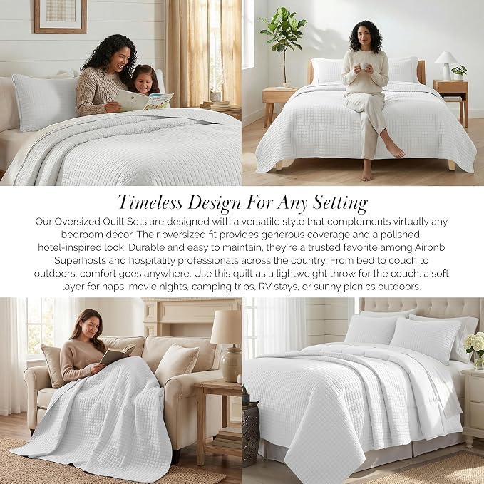 Southshore Fine Living, Inc. Oversized King Quilt Bedding Set with Shams, Lightweight White Coverlet Quilt King Size Bedspread, Luxury Bedding, Bed Spread for California Kings Mattress, White Quilts