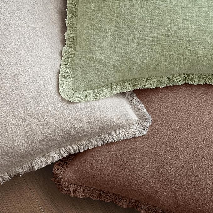 MIULEE Linen Fringe Decorative Fall Euro Pillow Covers Dark Coffee 24x24 | Set of 2, Cottagecore Decor, Boho Farmhouse Neutral Throw Pillow Covers, Rustic Fall Couch Cushions for Sofa Bed Living Room