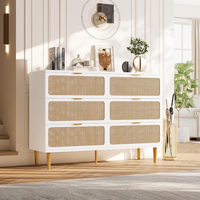 GarveeHome Rattan 6 Drawer Dressers for Bedroom, Deep Drawer, White | Tall Dresser, Wide Top, for Living Room, Hallway, Kids Room, Large Chest of Drawers for Closet, Long Wooden Dresser