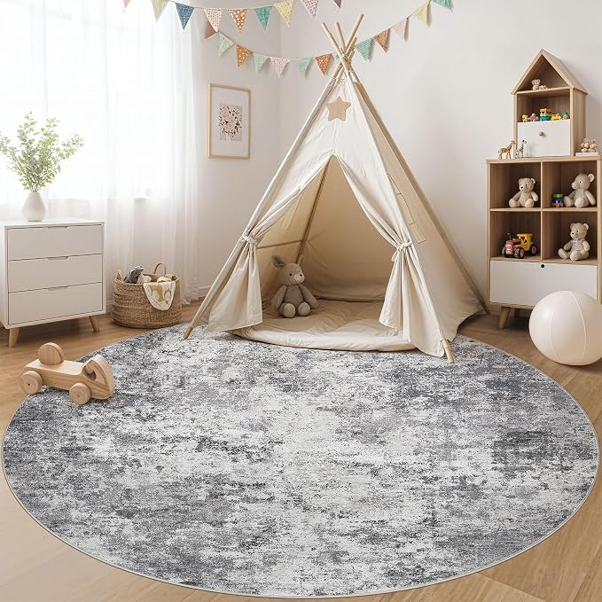 UERMEI 8ft Round Area Rug Living Room Rugs - 8x8 Washable Neutral Modern Abstract Soft Thin Rug Indoor Floor No Slip Rug Carpet for Bedroom Under Dining Table Home Office Decor - Grey