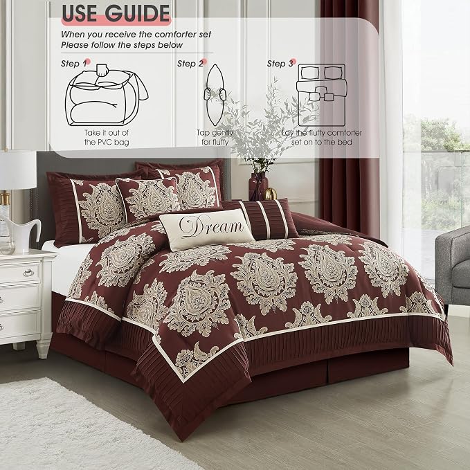 Burgundy California King Comforter Set 7 Pieces, Jacquard Woven with Damask, Bedding Set in a Bag Includes Comforter, Bed Skirt, Pillow Shams, and Decorative Pillows