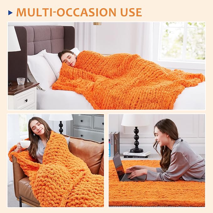 L'AGRATY Chunky Knit Throw Blanket for Couch 72'' x 84'' Knit Throw, Orange | Handmade Chenille Crochet Blanket for Sofa Bed, Thick Cable Knitted Blankets for Room Home Decor, Birthday Gift for Women Mom