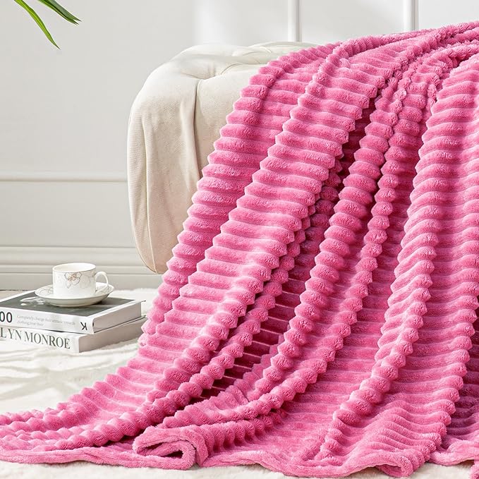 BEDELITE Ribbed Jacquard Hot Pink Fleece Twin Blanket for Couch, 60x80 Inch | Soft Warm Fluffy Blanket for Bed Sofa College Dorm Room Decor, Luxury Cozy Plush Birthday Gifts for Women Girls, Lightweight