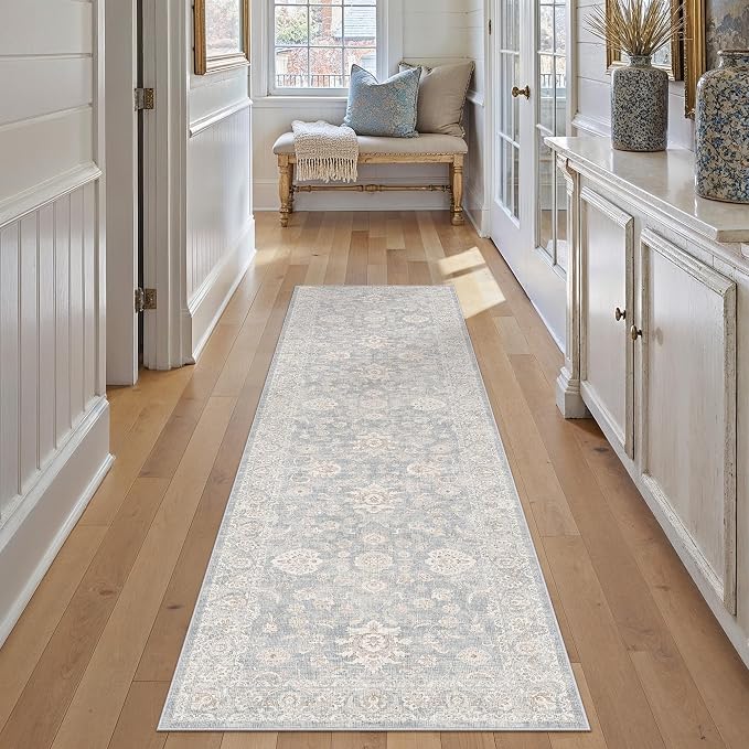 2x8 Blue Cream Neutral Runner Rug | Washable, Vintage, Soft, Non Slip, Low Pile, Distressed, Carpet for Kitchen Hallway Bathroom Indoor Nursery Home Decor