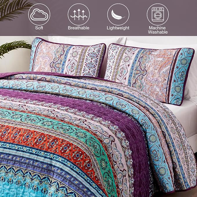 WONGS BEDDING Purple Quilt Queen Size, Boho Stripe Bedding Set, 96"x90" | Lightweight Soft Bedspread Coverlet,Modern Style Bohemian Pattern Bed Cover for All Seasons,3 Piece(1 Quilt,2 Pillow Shams)