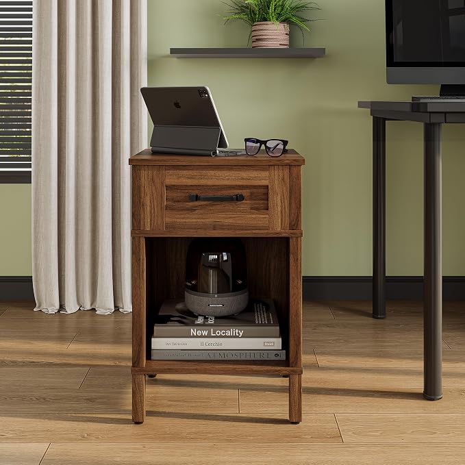 Farmhouse Nightstand with Drawer, Small Wood Bedside Table, Rustic Side Table, Modern End Table with Drawer, Retro Wooden Red Brown Night Stand for Bedroom
