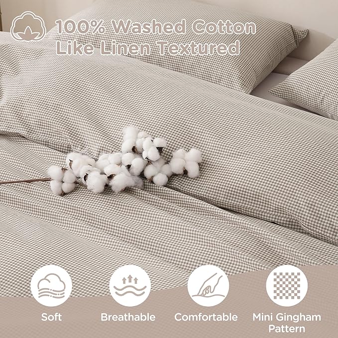 TOCOMOA Mini Gingham Tan Duvet Cover Set Washed Cotton Like Linen, Full | 100% Washed Cotton Linen-Like Feel Soft, Breathable & Comfy. Lightweight Bedding Set with Zipper & 8 Ties. 3 Pcs, No Insert