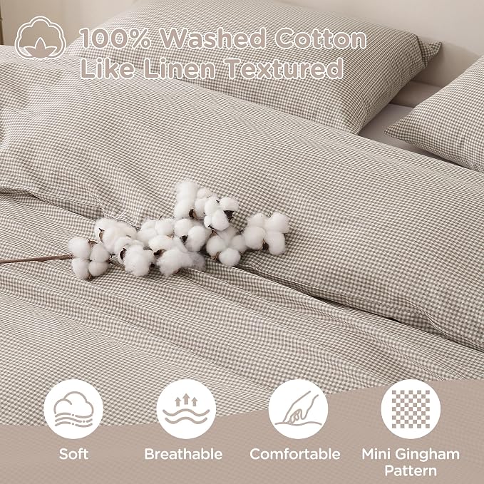 TOCOMOA Mini Gingham Tan Duvet Cover Set Washed Cotton Like Linen, King | 100% Washed Cotton Linen-Like Feel Soft, Breathable & Comfy. Lightweight Bedding Set with Zipper & 8 Ties. 3 Pcs, No Insert