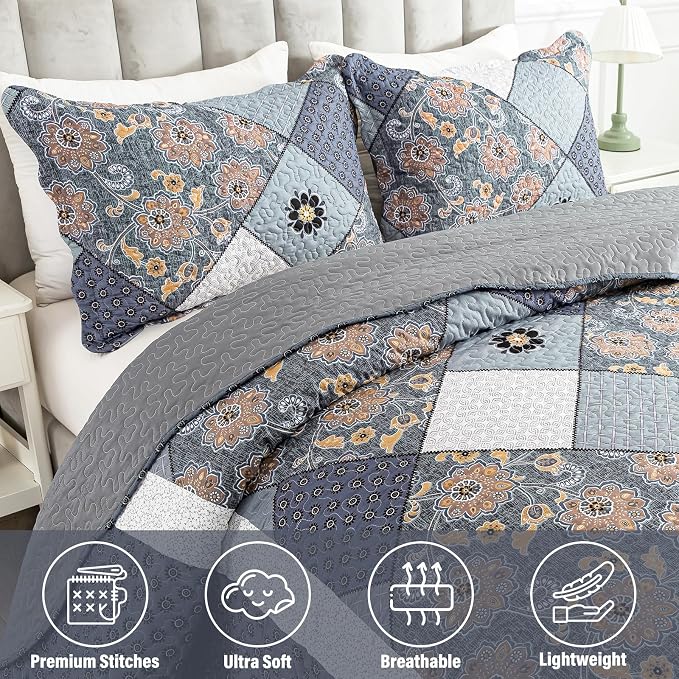Quilt Set King Size, Bedspread Sets Delicate Square Floral, Quilt Bedding Set Lightweight and Breathable for All Seasons, Soft Quilted Bedspread with 2 Pillow Shams