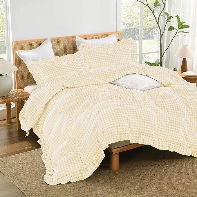 Andency Yellow Gingham Duvet Cover King, Ruffle Shabby Bedding Set 3 Pcs | Farmhouse Soft Pre-Washed Polyester Comforter Cover with Zipper Closure & Corner Ties, 104x90Inch