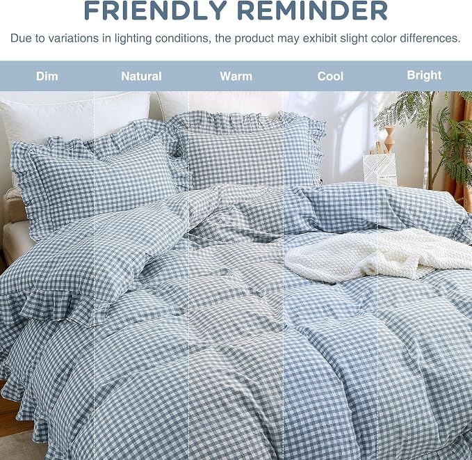 ATsense Blue Gingham Ruffle Duvet Cover Set Cotton Like Linen, Queen | 100% Washed Cotton Linen-Like Feel Soft, Breathable & Comfy. Farmhouse Bedding Set with Zipper & 8 Ties. 3 Pcs, No Insert