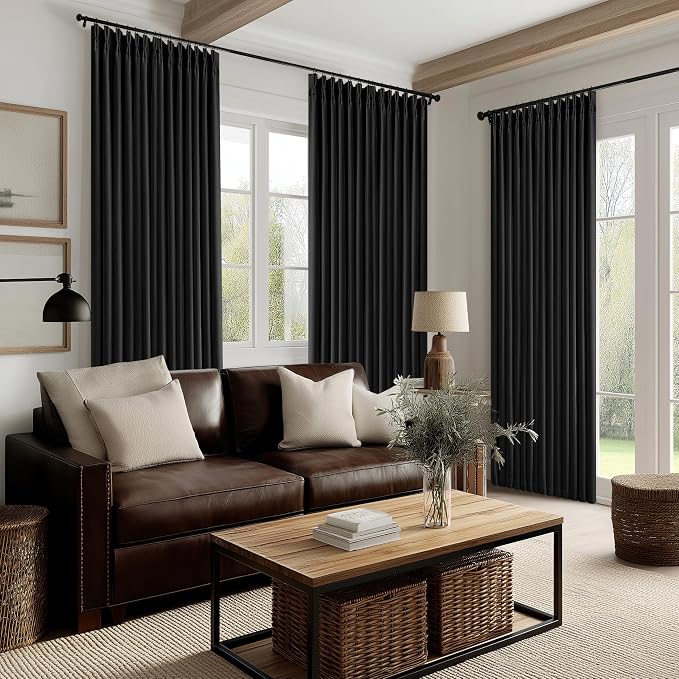 Black 120 Inch Pinch Pleated 100% Blackout Curtains with Liner 2 Panels Set | Thick Linen Textured, Energy Saving, Soundproof, Light UV Blocking, Thermal Insulated Curtain for Living Dining Room Bedroom