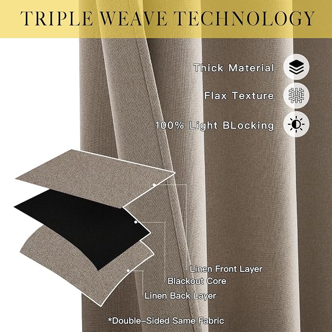 NICETOWN Vintage Faux Linen Weave Flax Thermal Curtains for Living Room, W52 x L96 in Per Panel, Set of 2, 100% Blackout Curtains for Bedroom, Window Treatments for Night Shift Workers, Taupe