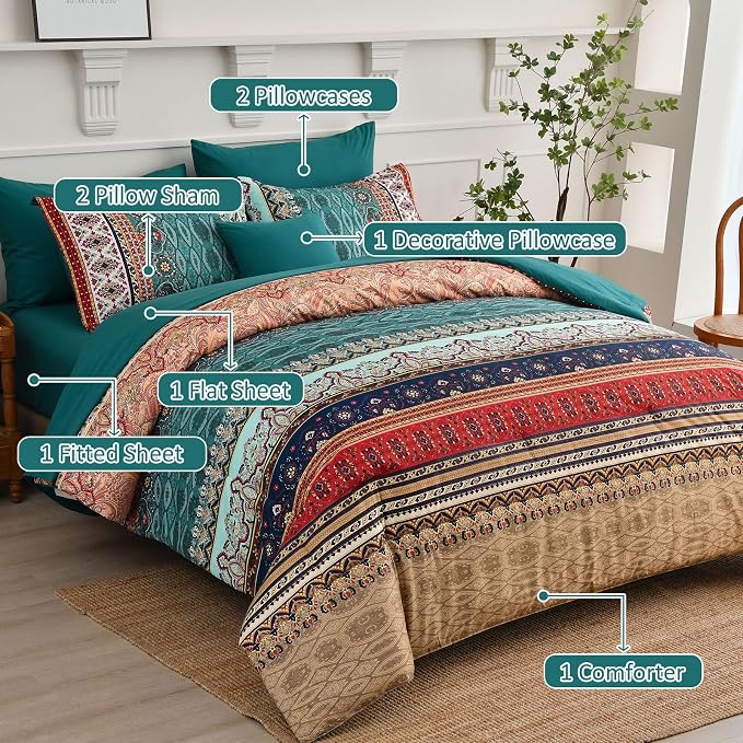 Cottolester Boho King Size Comforter Set 8 Pieces,Green and Brown Bohemian Striped Bed in a Bag,Floral Soft Microfiber Bedding Comforter Set