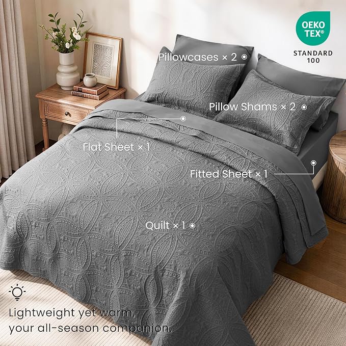 Love's cabin Queen Quilt Set Grey, Bed in a Bag Queen Size Bedding 7 Pieces, Ultrasonic Embossed Coin Pattern Comforter, Lightweight Bedspreads for All Seasons Quilt with Sheets, Pillowcases & Shams