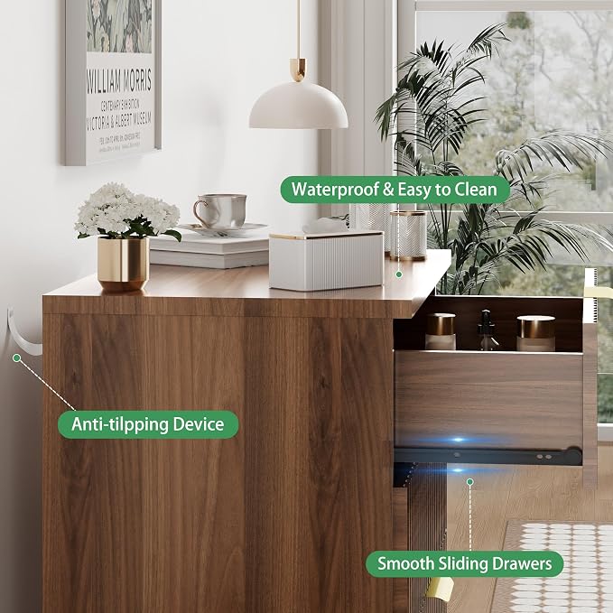 Xixini Fluted Dresser for Bedroom with 3 Drawers, 24" Wide Modern Chest of Drawers with Metal Handle, Wooden Dresser TV Stand, Wood Closet Clothes Storage Organizer for Living Room, Hallway, Walnut