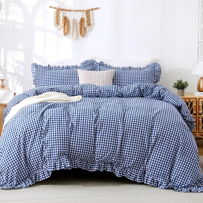 ATsense Navy Blue Gingham Ruffle Duvet Cover Set Cotton Like Linen, King | 100% Washed Cotton Linen-Like Feel Soft, Breathable & Comfy. Farmhouse Bedding Set with Zipper & 8 Ties. 3 Pcs, No Insert