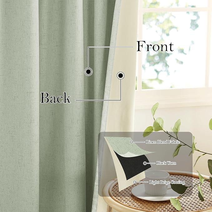 RYB HOME 100% Blackout Sage Green Linen Curtains, Light & Heat Blocking Thermal Privacy Protection Neutral Window Drapes for Living Room Bedroom, 52" W x 96" L, 2 Panels Set
