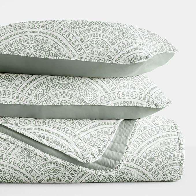 Merit Linens Soft Quilt Coverlet Bedding Set - Pattern/Solid Reversible - Full/Queen Eucalyptus