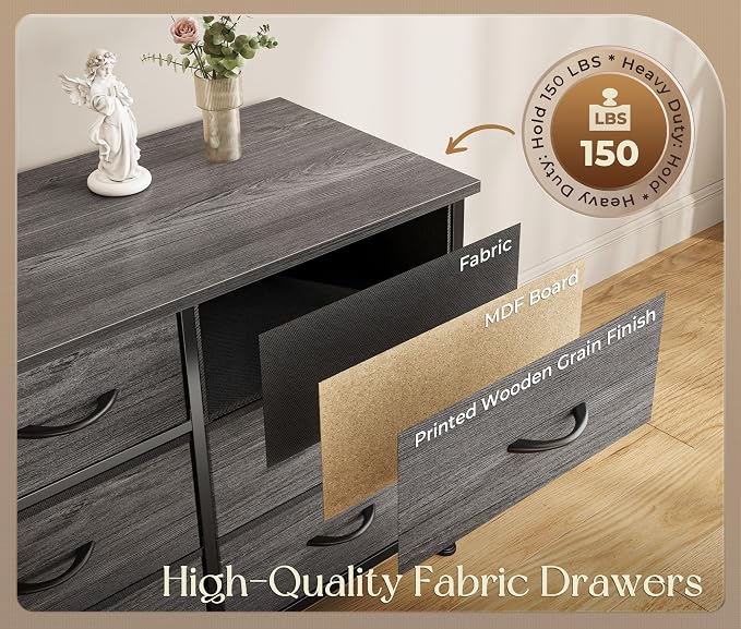 Huuger 77.6" Long Dresser for Bedroom, 16 Drawer Fabric Dresser for Closet, Wide Chest of Drawers with Storage, TV Stand for 65, 75, 85 Inch TV, 77.6" W x 13" D x 26.4" H, Grey