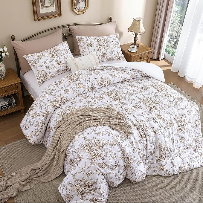 JANZAA Queen Size Comforter Set - Yellow Khaki Floral Shabby Chic Bedding | 3 Piece Cute Floral Bedding for All Season, 1 Soft Fluffy Breathable Microfiber Comforter Set with 2 Pillowcases
