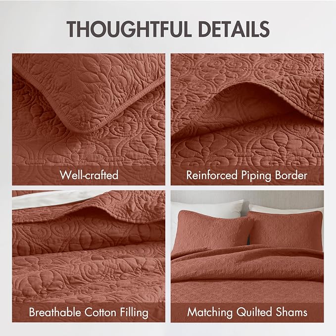 Madison Park Luxurious Cotton Damask Quilt Set, 3PC Full/Queen Bed Set | All Season, Lightweight Stitching Coverlet Bedspread Bedding Stitching with Shams, Clay Red