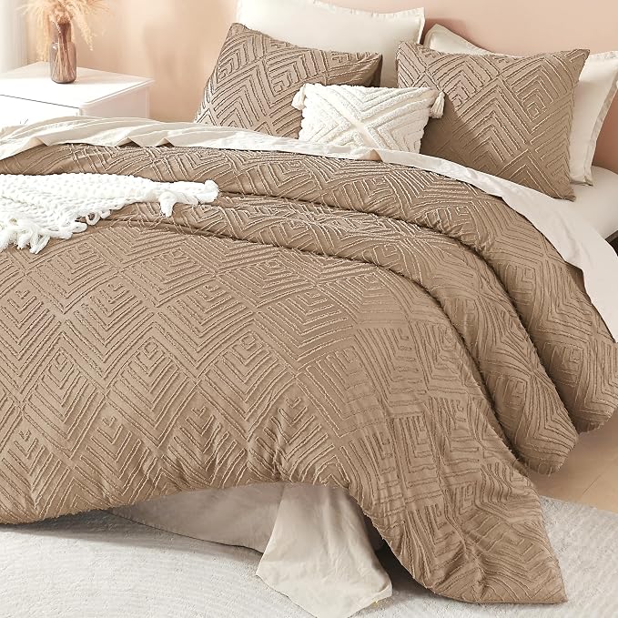 Litanika California King Comforter Set, 3 Pcs Taupe Tufted Boho Bedding Set | Farmhouse Shabby Chic Vintage Bohemian Textured Aesthetic Soft Fluffy Lightweight Breathable All Season Bed Set