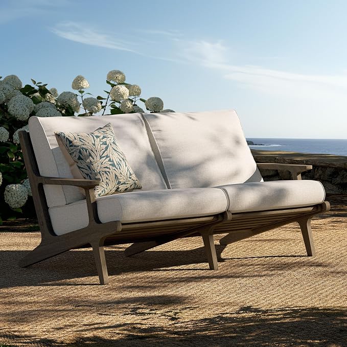 Modway Saratoga Teak Outdoor Patio Loveseat in Weathered Gray Pebble – 2 Seater Outdoor Couch with Weather-Resistant Cushions – Wooden Porch Loveseat