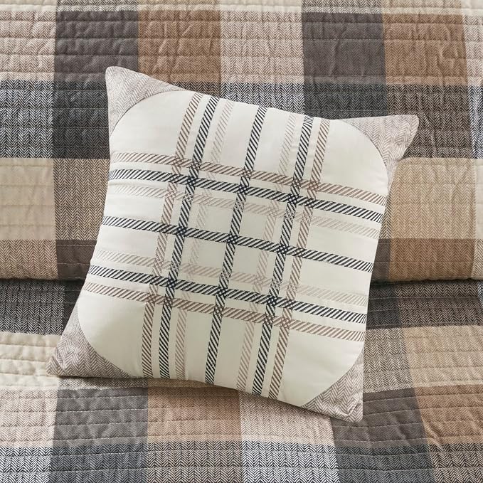Madison Park Cabin Lifestyle Plaid Quilt Set, 6PC Full/Queen Coverlet | All Season, Luxurious Coverlet Bedspread Lightweight Bedding Layer, Shams, Decorative Pillow, Neutral