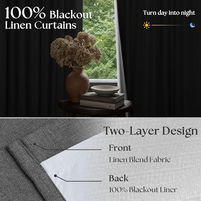 Dark Grey Pleated Thick Linen Blackout Curtains 105 Inches Long with Liner | 100% Black Out, Thermal Insulated, Pinch Pleat with Ring Hooks, Room Darkening Drapes for Living Room Bedroom, Charcoal Gray