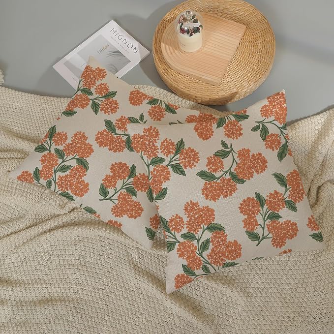 Fall Burnt Orange Pillow Covers 24x24 Inch 2 Pcs Green Hydrangea Flower Decor Throw Pillows Vintage Floral Seasonal Autumn Outdoor Decoration Pillowcase Linen Cushion Cover for Couch Sofa