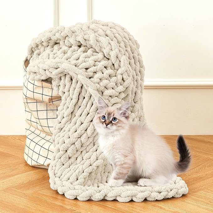 Chunky Knit Blanket Throw for Couch, 51"x63" Chunky Yarn Knitted Blankets | 100% Hand Knit Thick Chenille, Soft Breathable for Bed, Sofa, Home Decor, Cozy Gifts for Women Friends, Ivory
