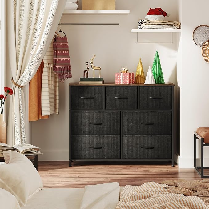 WLIVE Dresser for Bedroom, 7 Drawers, TV Stand, Rustic Brown | 7 roomy fabric drawers, Fits TVs up to 45 inch, Bedroom or living room, Wide storage design, Chest of drawers