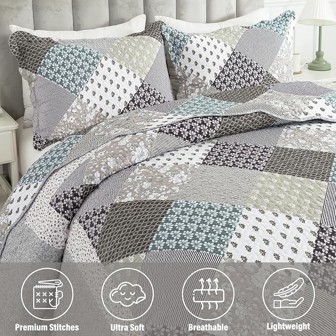 Quilt Set King Size, Bedspread Sets Light Grey Square, Reversible Quilt Bedding Set Lightweight and Breathable for All Seasons, Soft Quilted Bedspread with 2 Pillow Shams