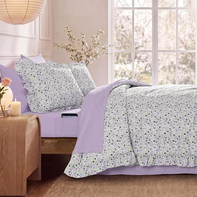 Full Size Comforter Sets-7 Pieces Floral Ruffle Bedding Set | Violet Ditzy Bed in a Bag, Soft Lightweight All Season Farmhouse Full Size Bedding Sets with Sheets, Pillowcases & Shams