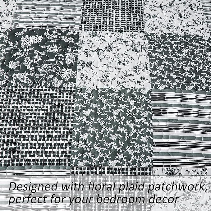 Mybedsoul Quilt California King Size, Patchwork Bedding Set, Black Grey | Soft Lightweight Microfiber Floral Boho Coverlet Set, 3 Pieces Plaid Bedspread, Bed Sets for All Seasons 110"x96"