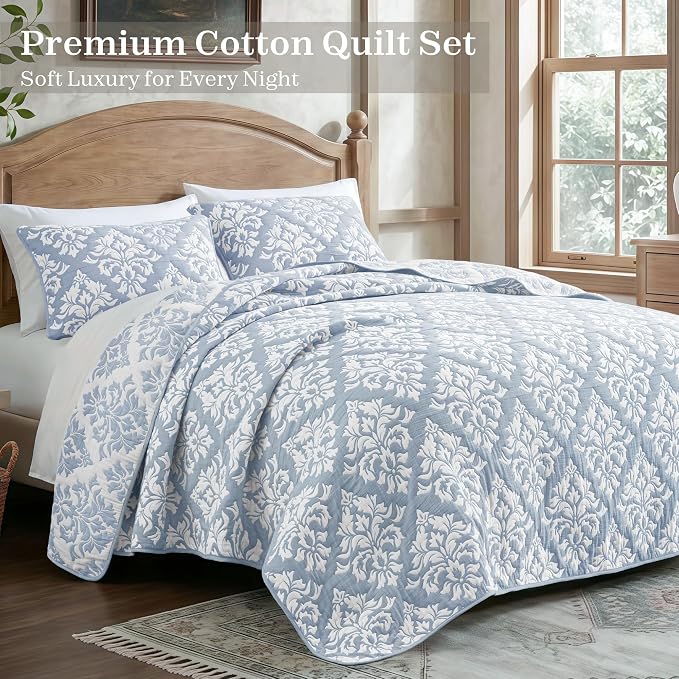 Exclusivo Mezcla Cotton Quilts King Size Blue | Soft Lightweight Bedspread, Breathable Prewashed Yarn Dyed Muslin, All Season Bedding Set, Boho Coverlet With 2 Pillow Shams