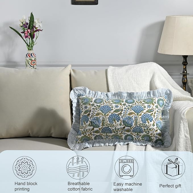 Ridhi Block Print Asparagus Green Ruffle Lumbar Pillow Shams, 20" x 12" | 100% cotton, Floral Pillowcase, Cushion Cover, Hidden Zipper, Cottagecore Bedding, farmhouse boho style, fits couch, sofa,Bed