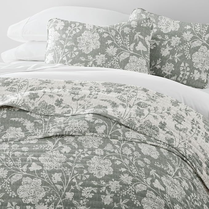 Merit Linens 3 Piece Quilt Set - Super Soft - Lightweight - All Season Quilted Coverlet - Floral Patterns - Full/Queen Eucalyptus