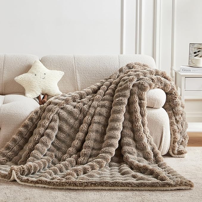 60x80 Inches Ultra-Soft Fuzzy Faux Fur Plush Twin Size Blanket - Thick, Warm Sherpa for Couch, Sofa, Bedroom, Camping - Decorative Blanket for Cozy Warmth, Bubble Dark Brown