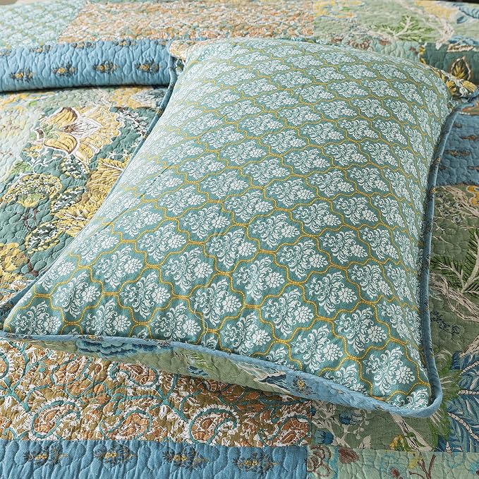 Cotton Patchwork Bedspread, 3-Piece Bedding Quilt Set with Real Stitched Embroidery, Reversible Matelasse Bed Coverlet Set,Green Farmhouse Garden,Twin Size